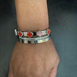 Stainless Steel 3 Elegant Silver and Red Bracelet Set